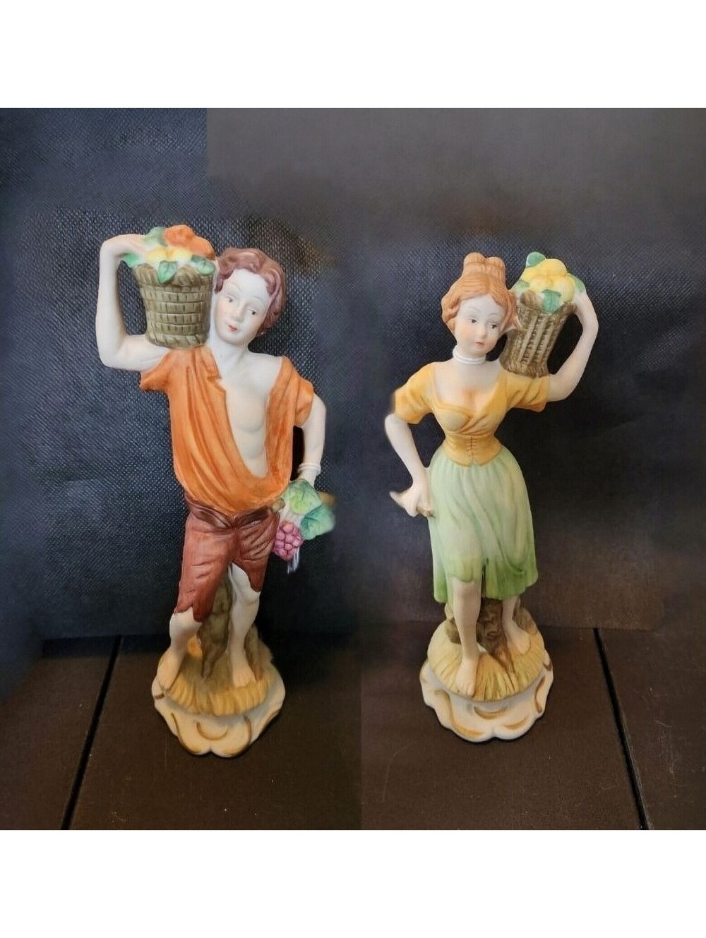 Young Couple Figurines w Baskets of Fruit FBIA Peasant Rustic Harvest Man Woman